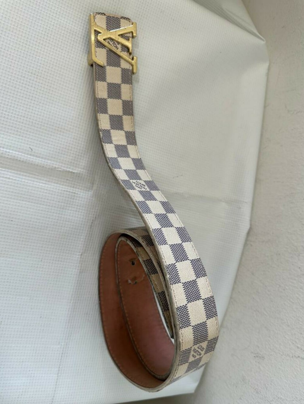 Louis Vuitton Damier Azur Canvas Belt Gold-tone LV Buckle Classic Cream n Blue